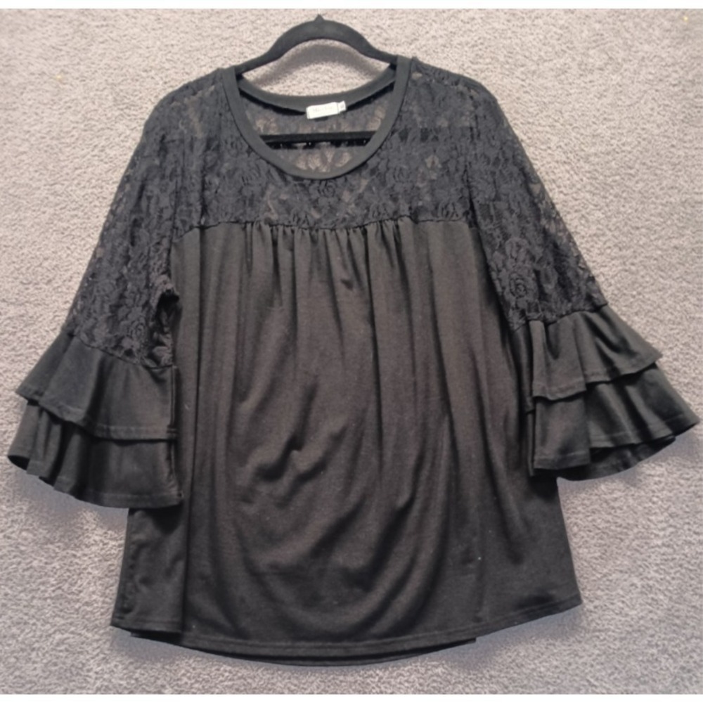 Miselon Fairy Grunge‎ Whimsigoth Lace Ruffle Sleeve Top[ Women's XL Black Sheer